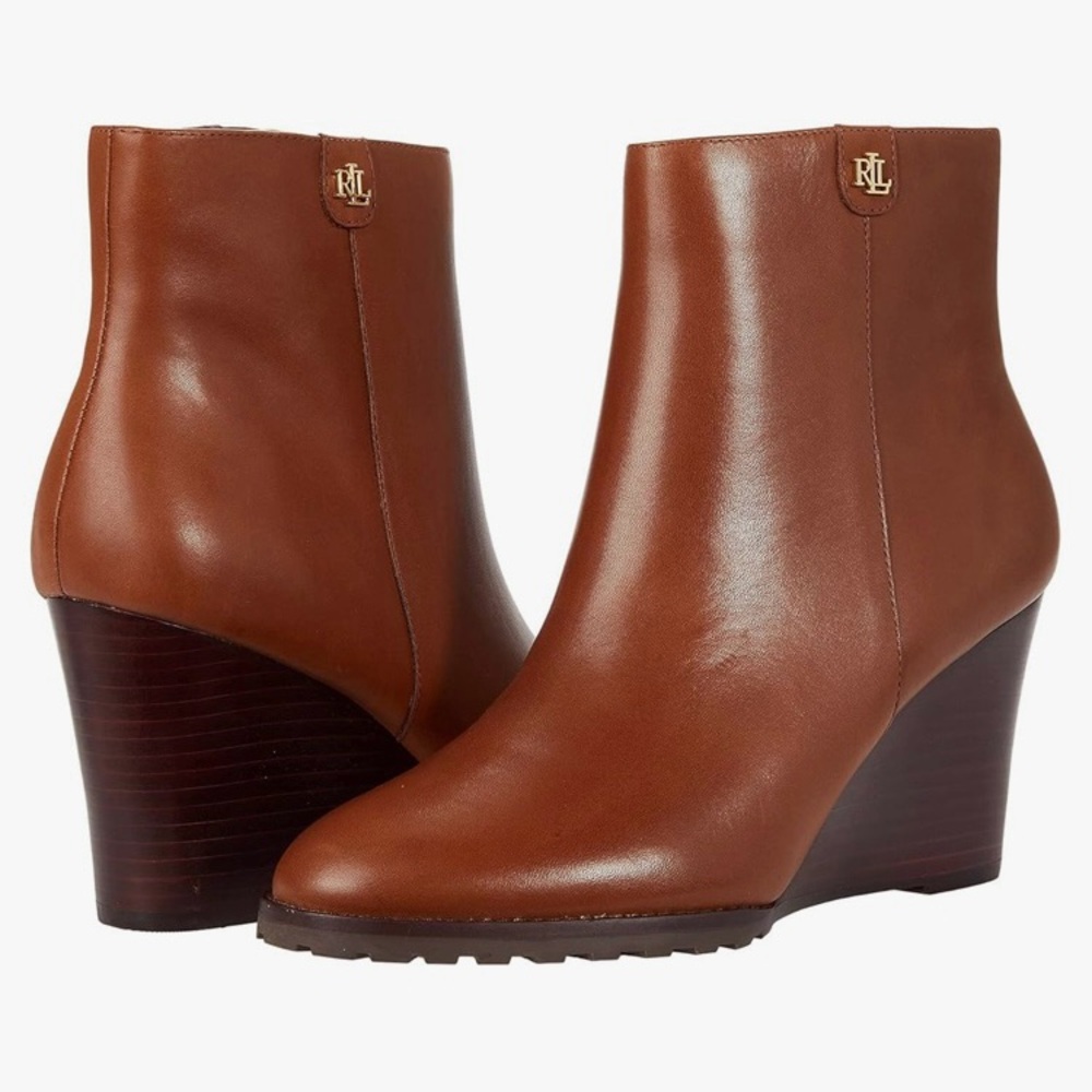 Lauren Ralph Lauren Shaley Calfskin Wedge Bootie; Size 10 Deep Saddle Tan
